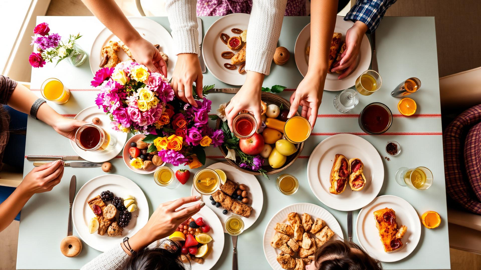Vibrant colorful brunch table with champagne and bright florals