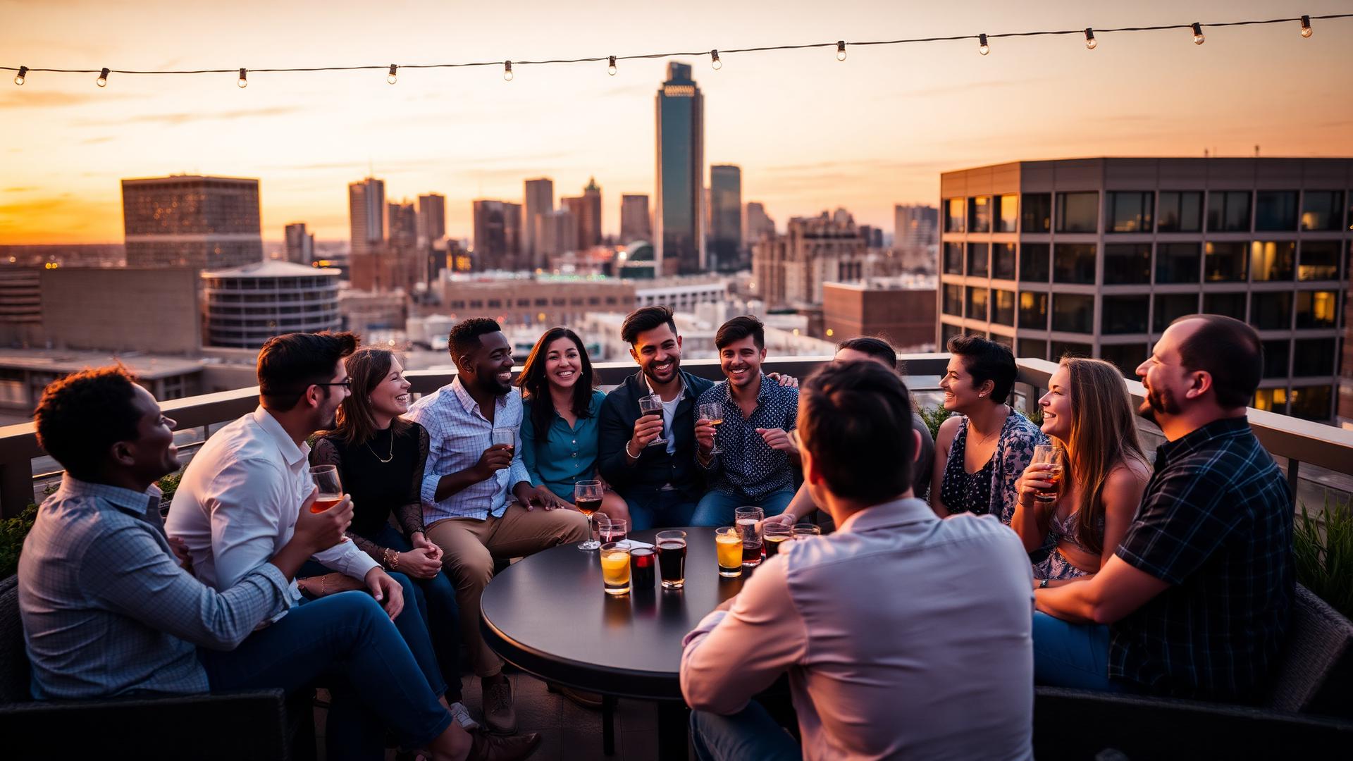 Friends laughing and toasting cocktails on a rooftop patio at golden hour