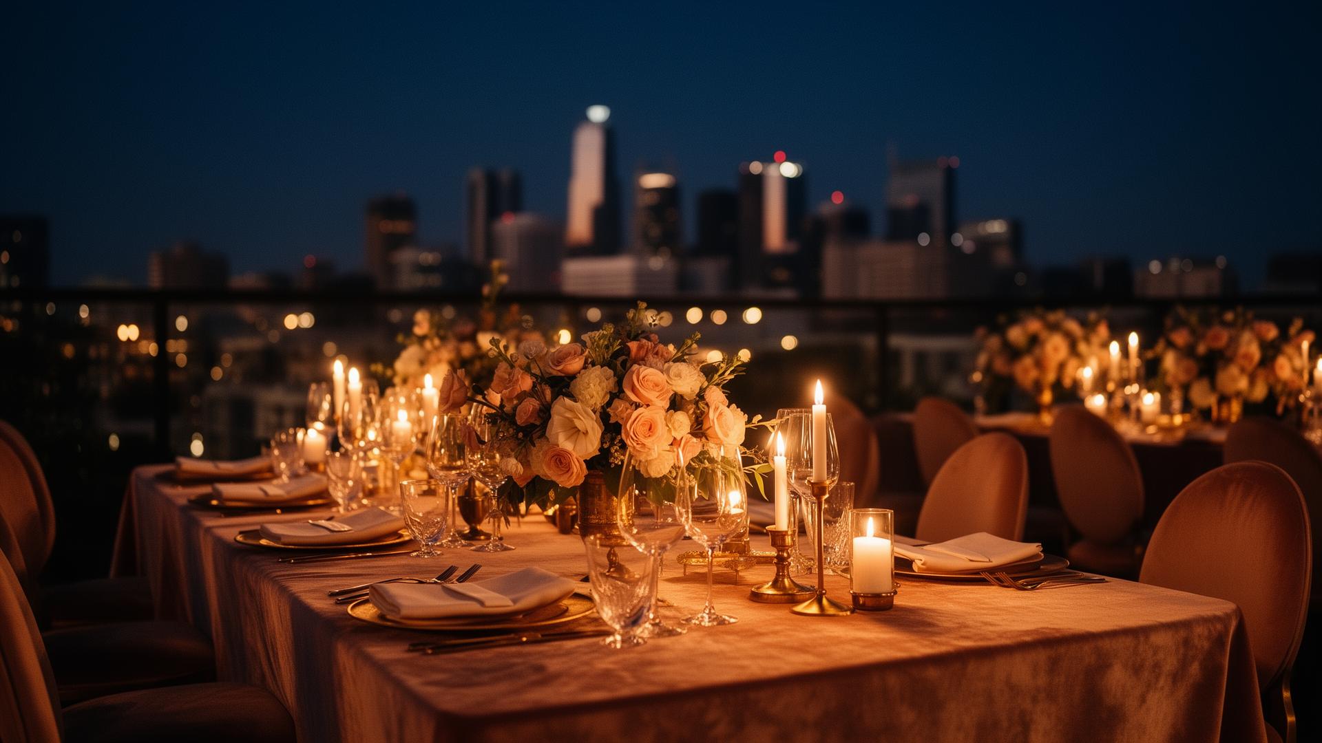 Candlelit rooftop tablescape with Atlanta skyline at dusk